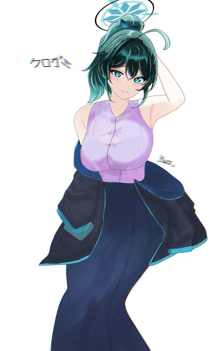 1girl, absurdres, ahoge, armpits, arms_behind_head, blue_halo, coat, commentary_request