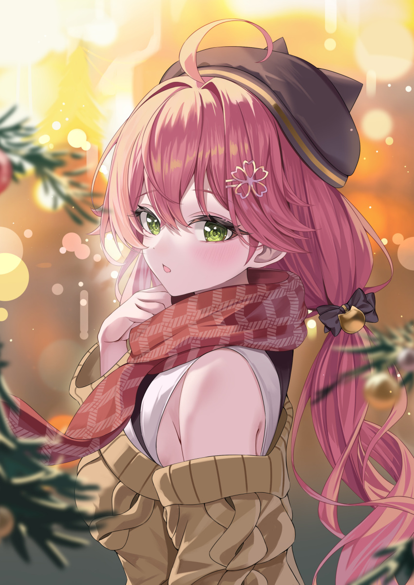 1girl, absurdres, ahoge, animal_hat, aran_sweater, bell, beret, black_bow