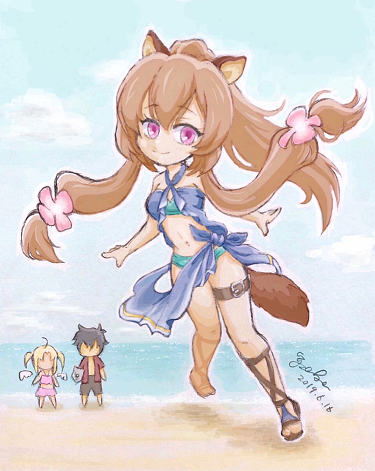 1boy, 2girls, ahoge, animal_ear_fluff, animal_ears, aqua_bikini, arm_shield, beach, belt, bikini, black_hair, black_shorts, blonde_hair, blue_bikini, blue_sarong, blue_sky, breasts, brown_hair, brown_sandals, closed_mouth, commentary_request, dated, day, deformed, eyebrows_hidden_by_hair, eyelashes, feathered_wings, filo_(tate_no_yuusha_no_nariagari), floating_hair, flower, gladiator_sandals, hair_flower, hair_ornament, iwatani_naofumi, legendary_shield_(small_shield)_(tate_no_yuusha_no_nariagari), legendary_shield_(tate_no_yuusha_no_nariagari), long_hair, looking_at_viewer, medium_hair, messy_hair, midriff, multiple_girls, navel, ocean, official_alternate_costume, open_clothes, open_shirt, pink_bikini, pink_eyes, pink_flower, ponytail, raccoon_ears, raccoon_girl, raccoon_tail, raised_eyebrows, raphtalia, red_shirt, saeki_luca_(aka), sandals, sarong, shirt, short_hair, short_twintails, shorts, signature, sky, small_breasts, smile, solo_focus, straight_hair, swimsuit, tail, tate_no_yuusha_no_nariagari, thigh_belt, thigh_strap, twintails, watermark, white_wings, wings