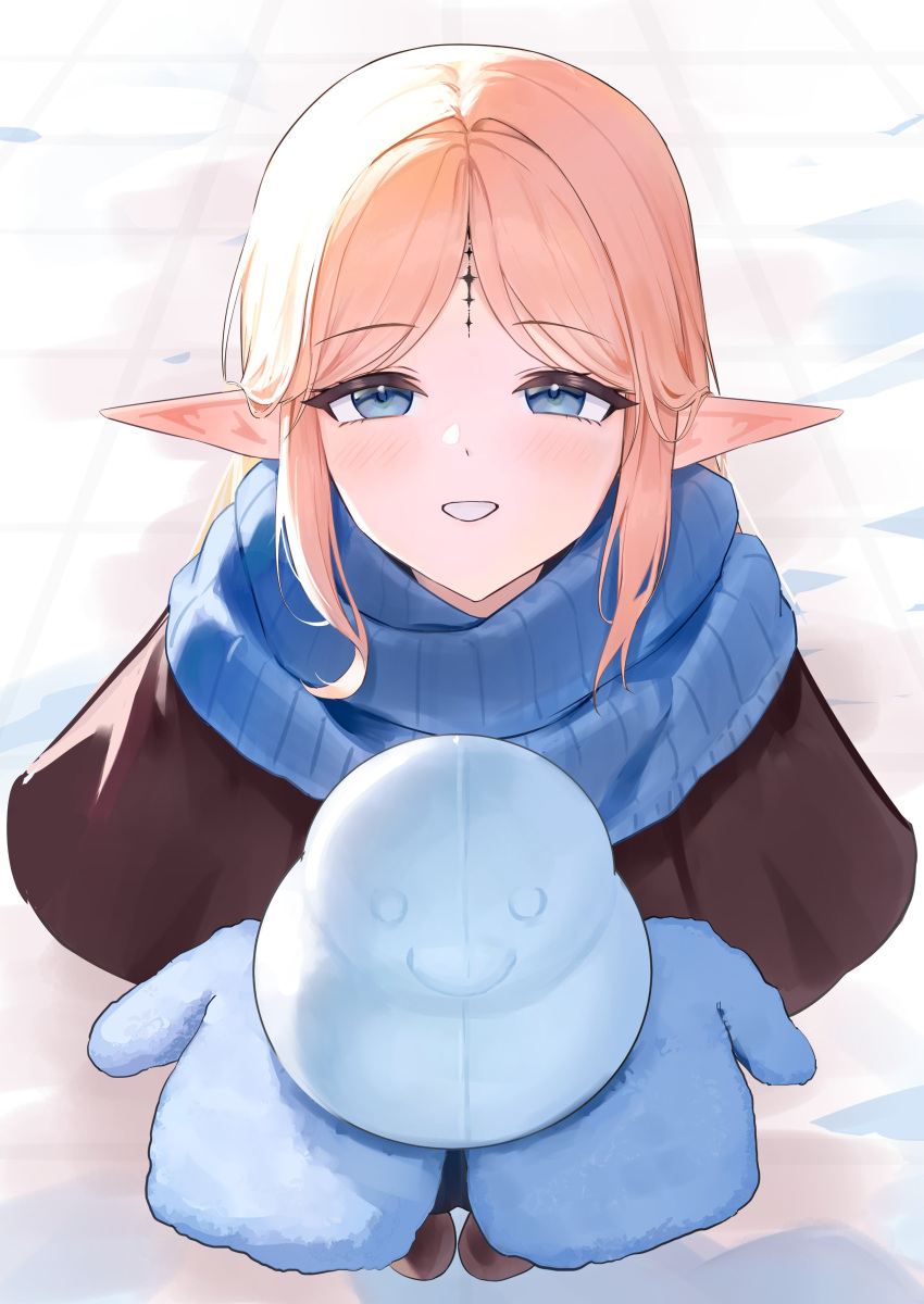 1girl, absurdres, alternate_costume, blonde_hair, blue_eyes, blue_mittens, blue_scarf, cartethyia_(wuthering_waves)