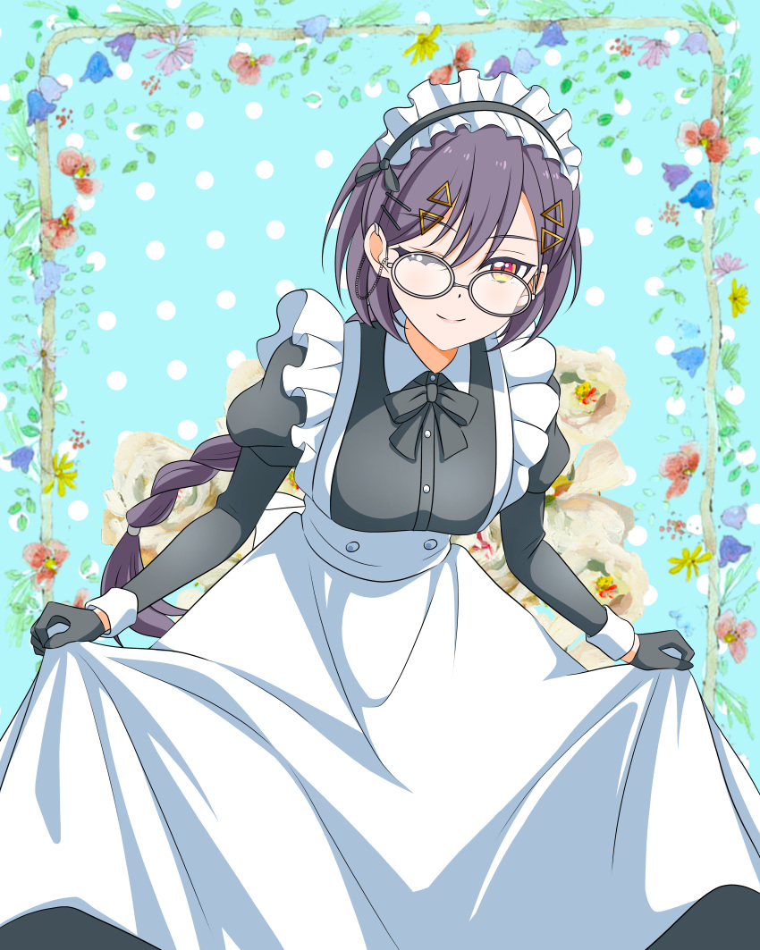 1girl, ;), absurdres, apron, black_dress, black_gloves, black_ribbon, blue_background
