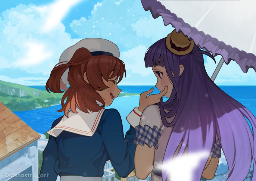 2girls, ^_^, aijou_karen, arm_at_side, bird, black_bow, blue_shirt, blue_sky