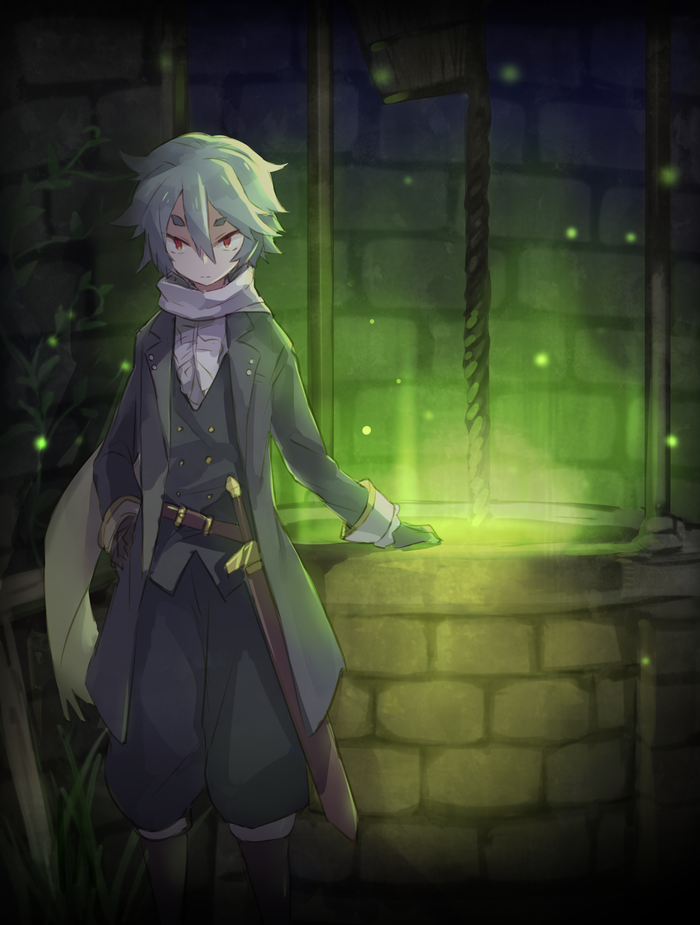 1boy, baggy_pants, bely, brick, brick_wall, bucket, coat, commentary_request