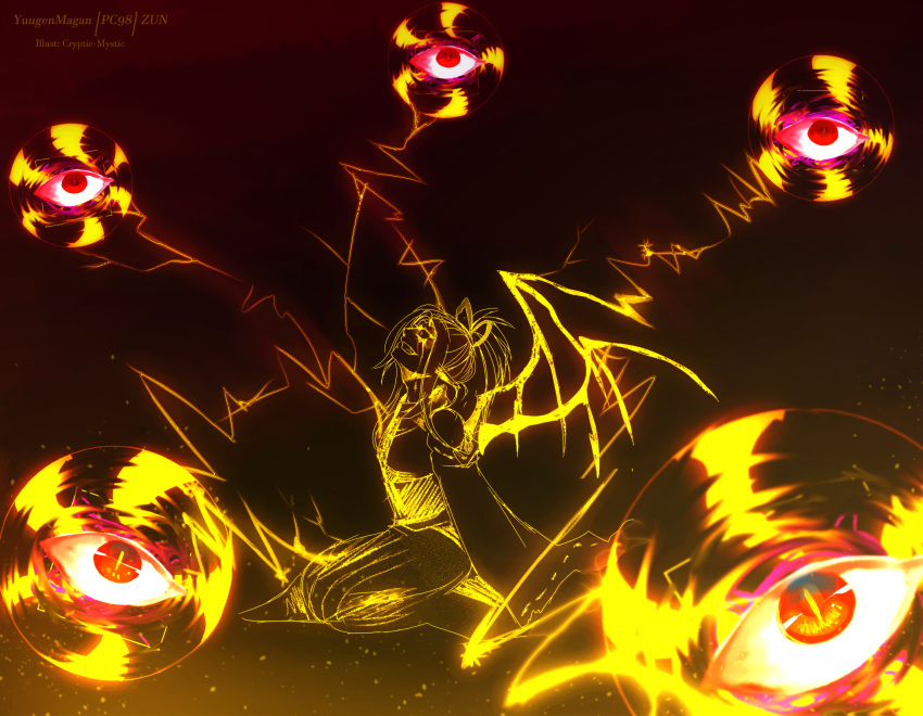 1girl, blonde_hair, crazy_eyes, cryptmyst, electricity, floating_eyes, full_body, genderswap
