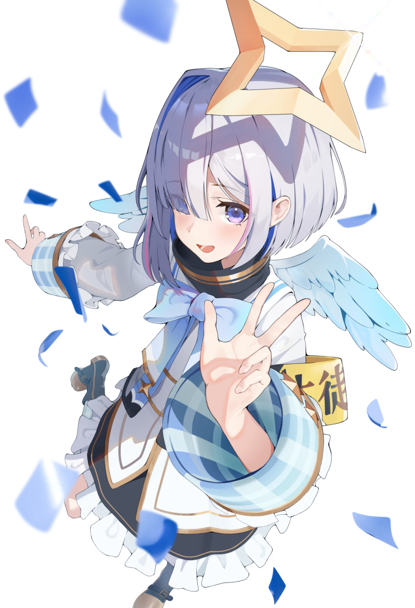 1girl, amane_kanata, amane_kanata_(1st_costume), angel, angel_wings, armband, bell_sleeves, blue_bow