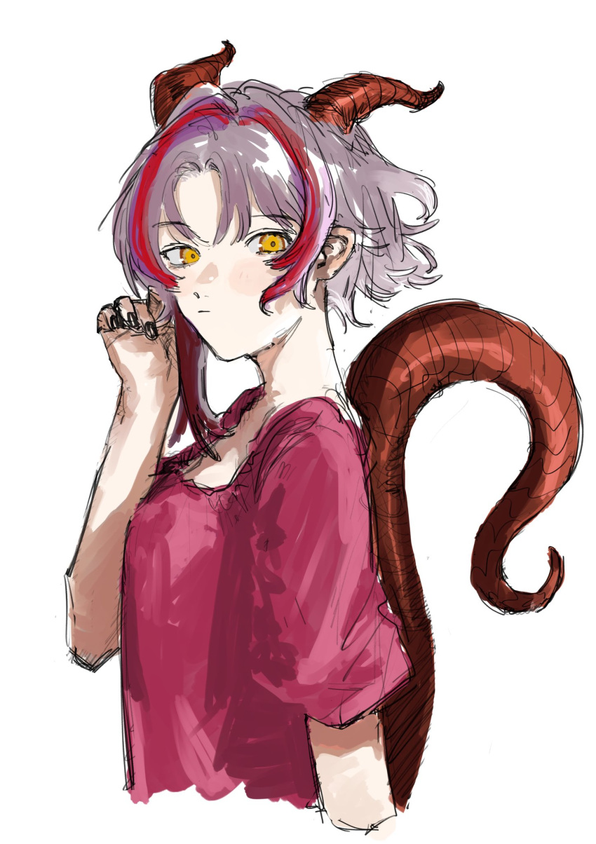 black_nails, dragon_horns, dragon_tail, fukuyq, grey_hair, highres, horns, tail