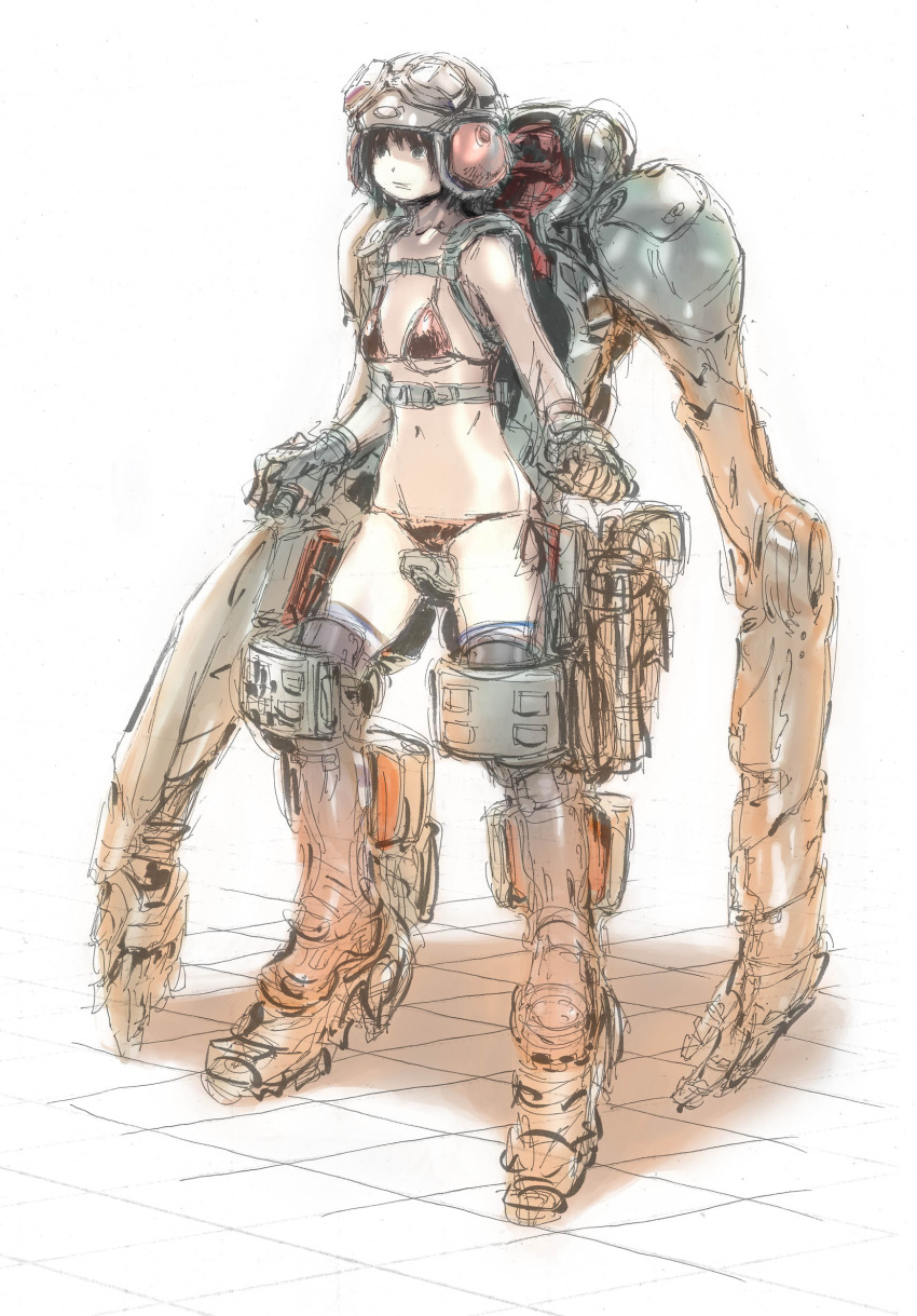 akiman, bikini, bra, brown_hair, gloves, helmet, highres, lingerie