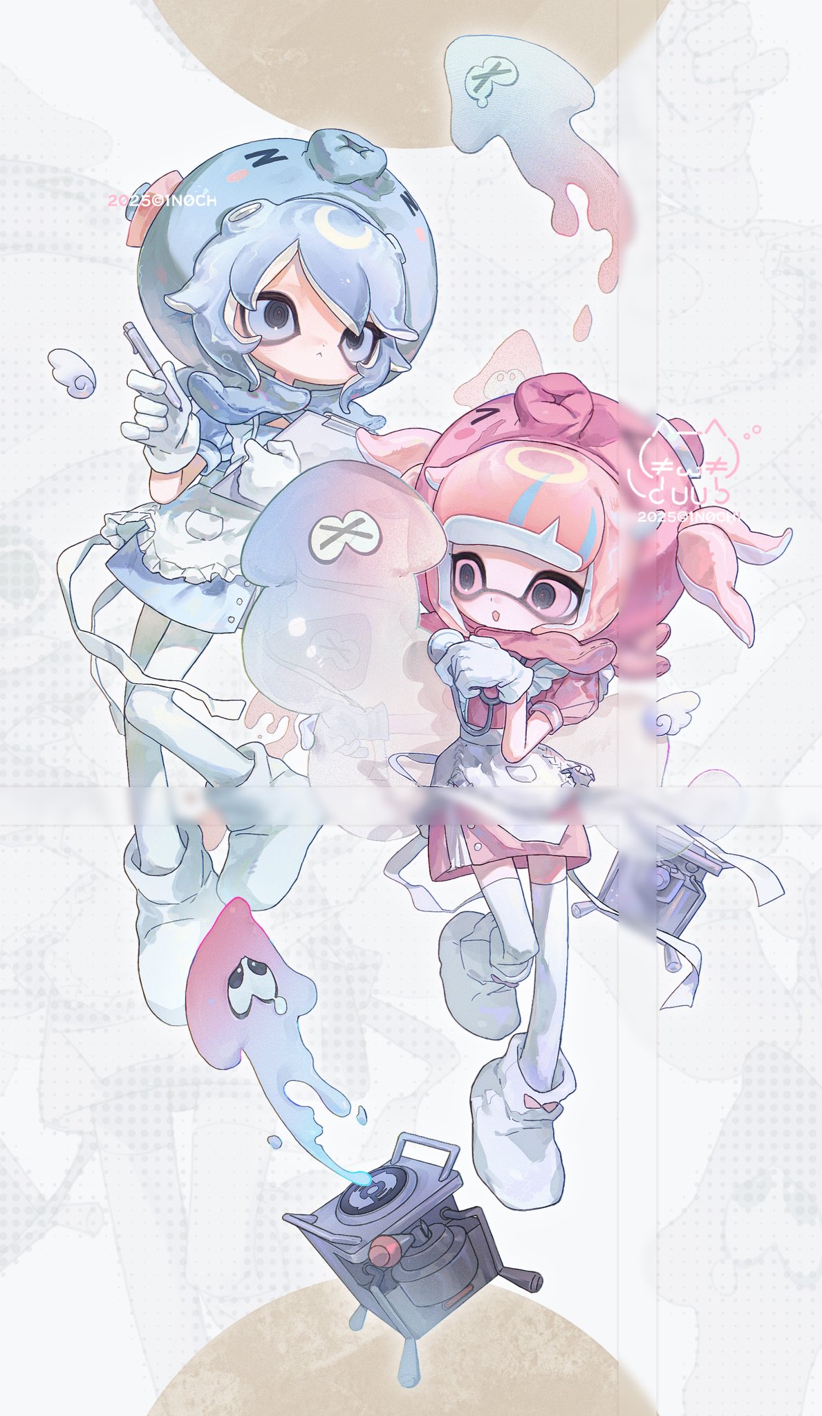 1n0chi, 2girls, :<, apron, artist_name, blue_dress, blue_eyes, blue_hair