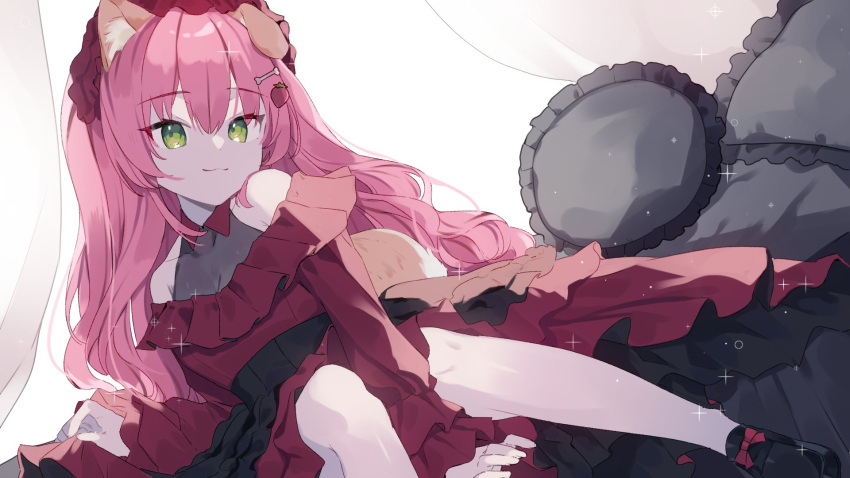 1girl, animal_ears, black_shoes, bone_hair_ornament, bow, closed_mouth, commentary_request, dog_ears