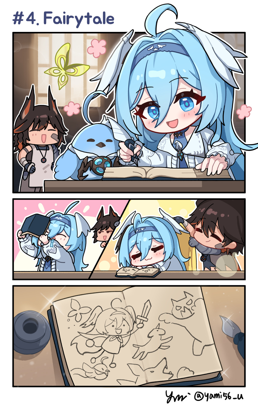 1boy, 1girl, absurdres, ahoge, blue_eyes, blue_hairband, book, brown_hair