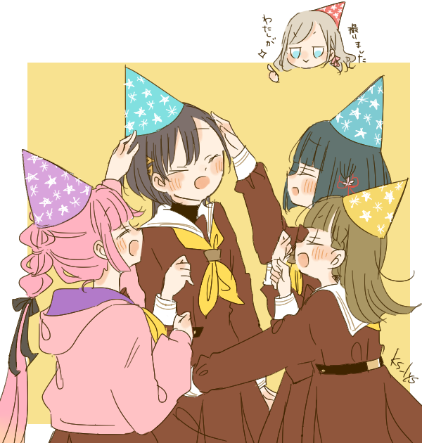 5girls, :>, :d, anyoji_hime, black_hair, black_ribbon, blue_hat, blunt_bangs