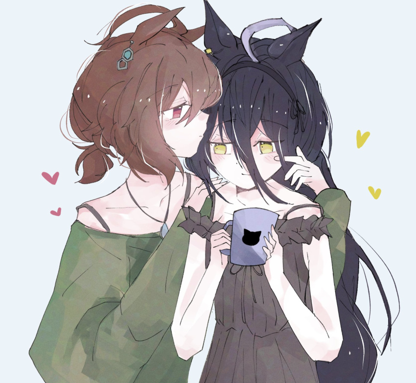 2girls, agnes_tachyon_(umamusume), ahoge, black_hair, black_hairband, blush, bra_strap, brown_dress