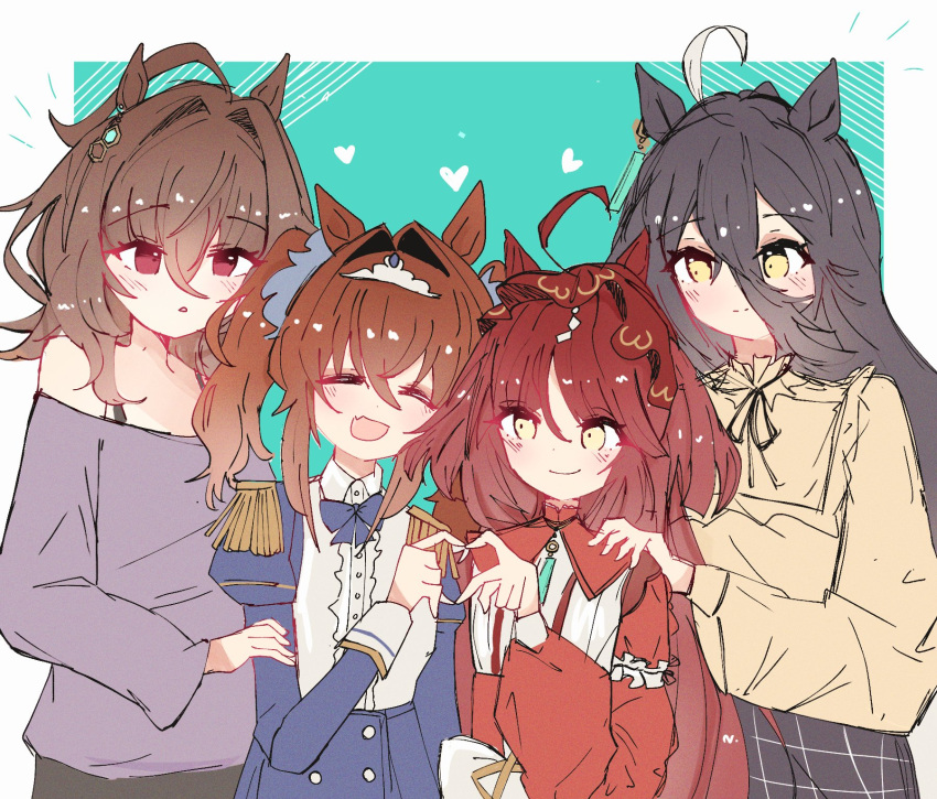 4girls, aged_down, agnes_tachyon_(casual)_(umamusume), agnes_tachyon_(umamusume), ahoge, animal_ears, black_ribbon, blue_bow