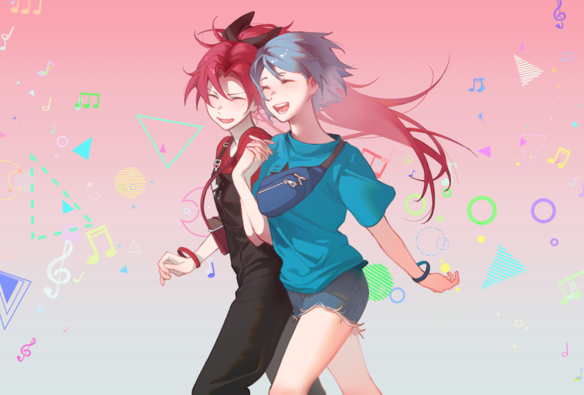 2girls, aqua_shirt, bag, bare_legs, black_bow, black_overalls, blue_bag, blue_hair