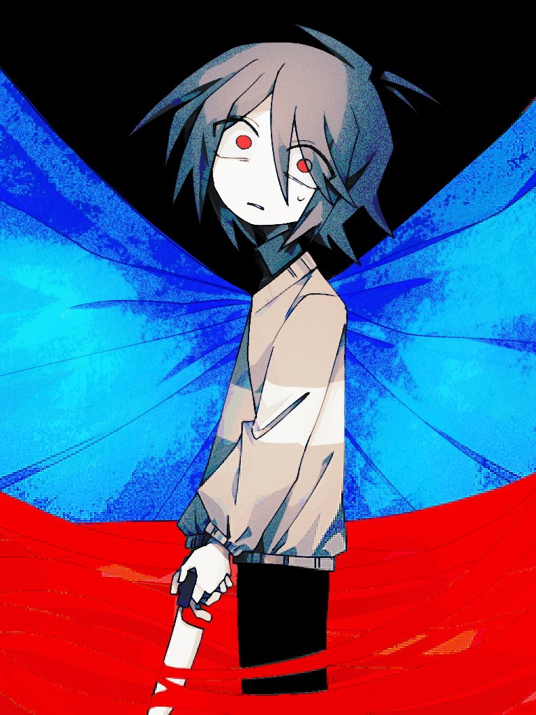 1other, black_pants, brown_hair, chara_(undertale), cowboy_shot, hair_between_eyes, icee0day, long_hair, long_sleeves, looking_at_viewer, other_focus, pants, puffy_long_sleeves, puffy_sleeves, red_eyes, short_hair, solo, spiky_hair, standing, sweatdrop, sweater, teeth, undertale, utdr_(toby_fox)