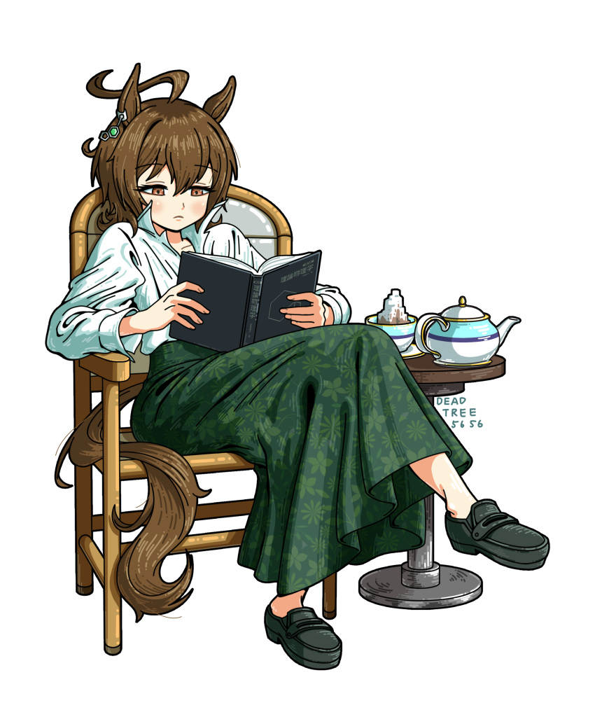 1girl, absurdres, agnes_tachyon_(umamusume), ahoge, animal_ears, blush, book, brown_hair