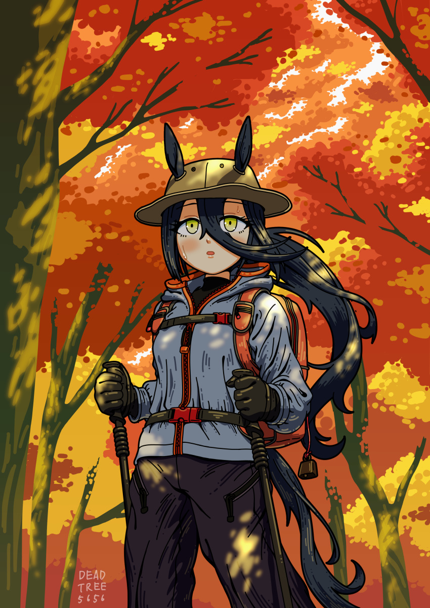 1girl, absurdres, animal_ears, autumn_leaves, backpack, bag, black_gloves, black_hair