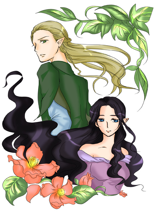 arwen, azuma_10932, black_hair, blonde_hair, blue_eyes, braid, elf, flower