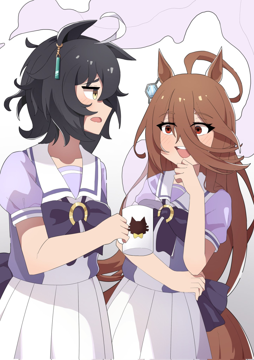 2girls, agnes_tachyon_(umamusume), ahoge, alternate_hairstyle, animal_ears, black_hair, blush, bow