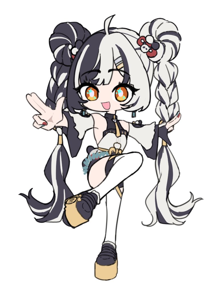 1girl, ahoge, aqua_nails, bare_shoulders, black_hair, black_shoes, braid, braided_twintails