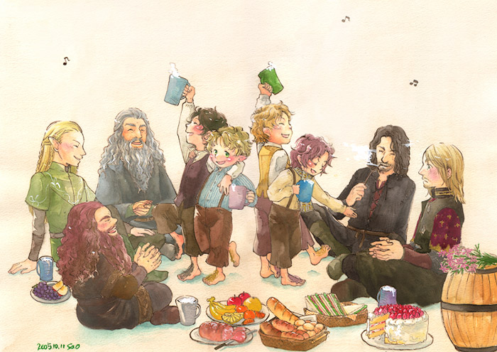 aragorn, boromir, bread, cake, dwarf, elf, elf_ears, everyone, fantasy, food, frodo_baggins, fruit, gandalf, gimli, hobbit, legolas, lord_of_the_rings, male, meriadoc_brandybuck, mignolo, peregrin_took, pointy_ears, samwise_gamgee, sora_(artist)