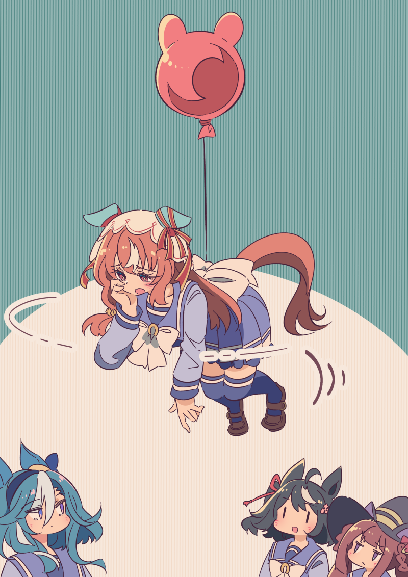 4girls, admire_groove_(umamusume), ahoge, animal_ears, balloon, black_hair, blue_hair, blush