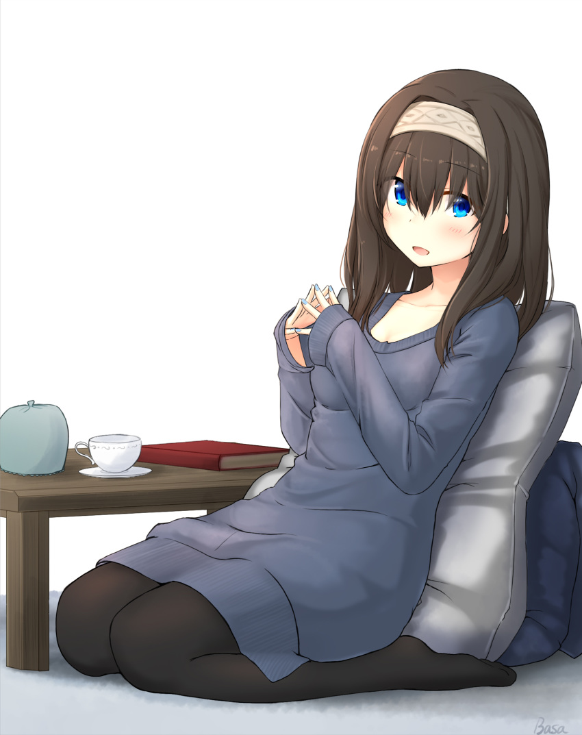 1girl, basa_rutan, black_pantyhose, blue_eyes, book, brown_hair, cup, dress