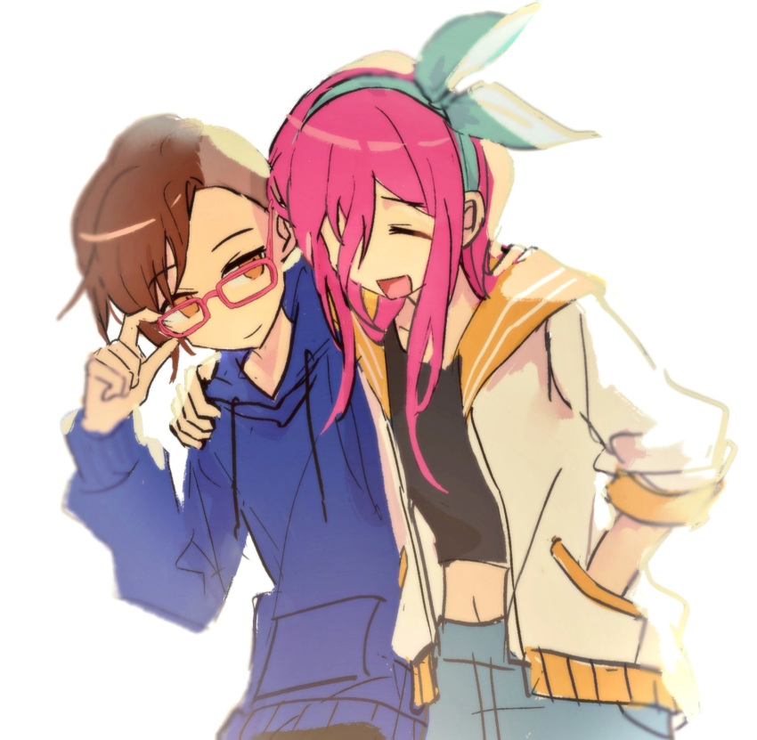 0_scyf, 2girls, :d, ^_^, adjusting_eyewear, androgynous, asymmetrical_hair, aubrey_(faraway)_(omori)