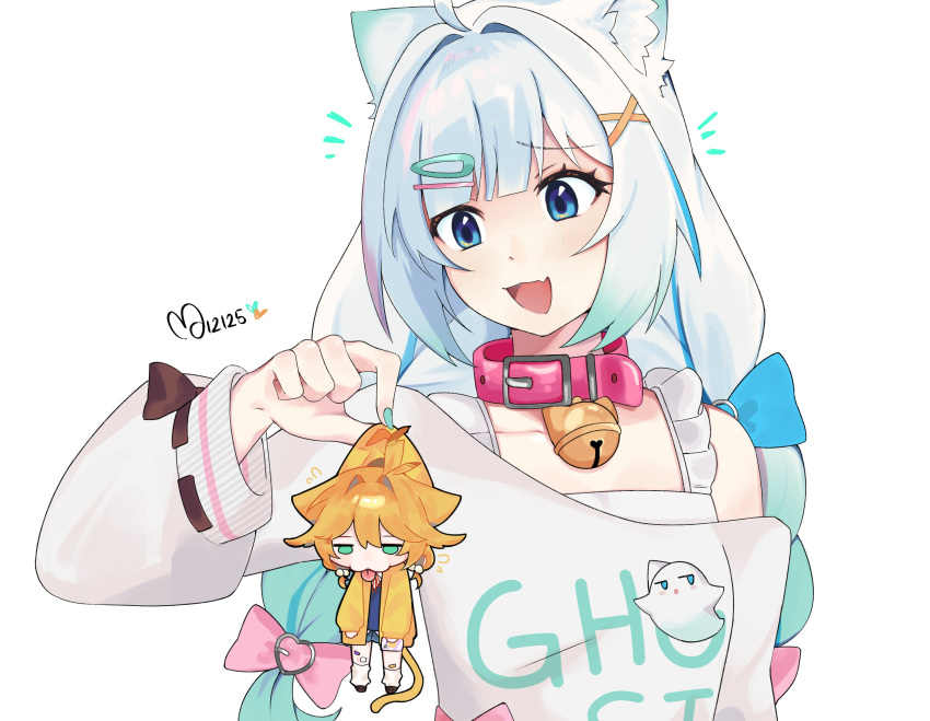 2girls, absurdres, animal_ears, aqua_eyes, aqua_hair, aqua_nails, blonde_hair, blue_eyes, cat_ears, cat_tail, collar, dokibird, dokibird_(school_uniform), fang, gradient_hair, hair_ornament, hairclip, highres, holding, holding_mini_person, indie_virtual_youtuber, kemonomimi_mode, long_hair, long_sleeves, mini_person, minigirl, mint_fantome, mint_fantome_(otaku), mouchi_(momouchie), multicolored_hair, multiple_girls, open_mouth, pink_collar, signature, simple_background, skin_fang, smile, tail, tongue, tongue_out, upper_body, virtual_youtuber, white_background, white_hair