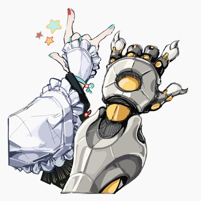 1boy, 1girl, \m/, aqua_nails, arm_focus, banyue_(zenless_zone_zero), claws, commentary