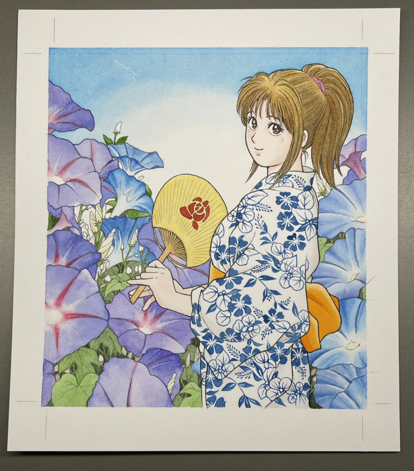 1girl, blue_flower, brown_eyes, brown_hair, bud, closed_mouth, commentary_request, cowboy_shot