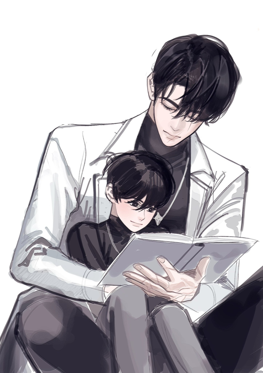 2boys, black_hair, black_shirt, book, child, coat, highres, holding