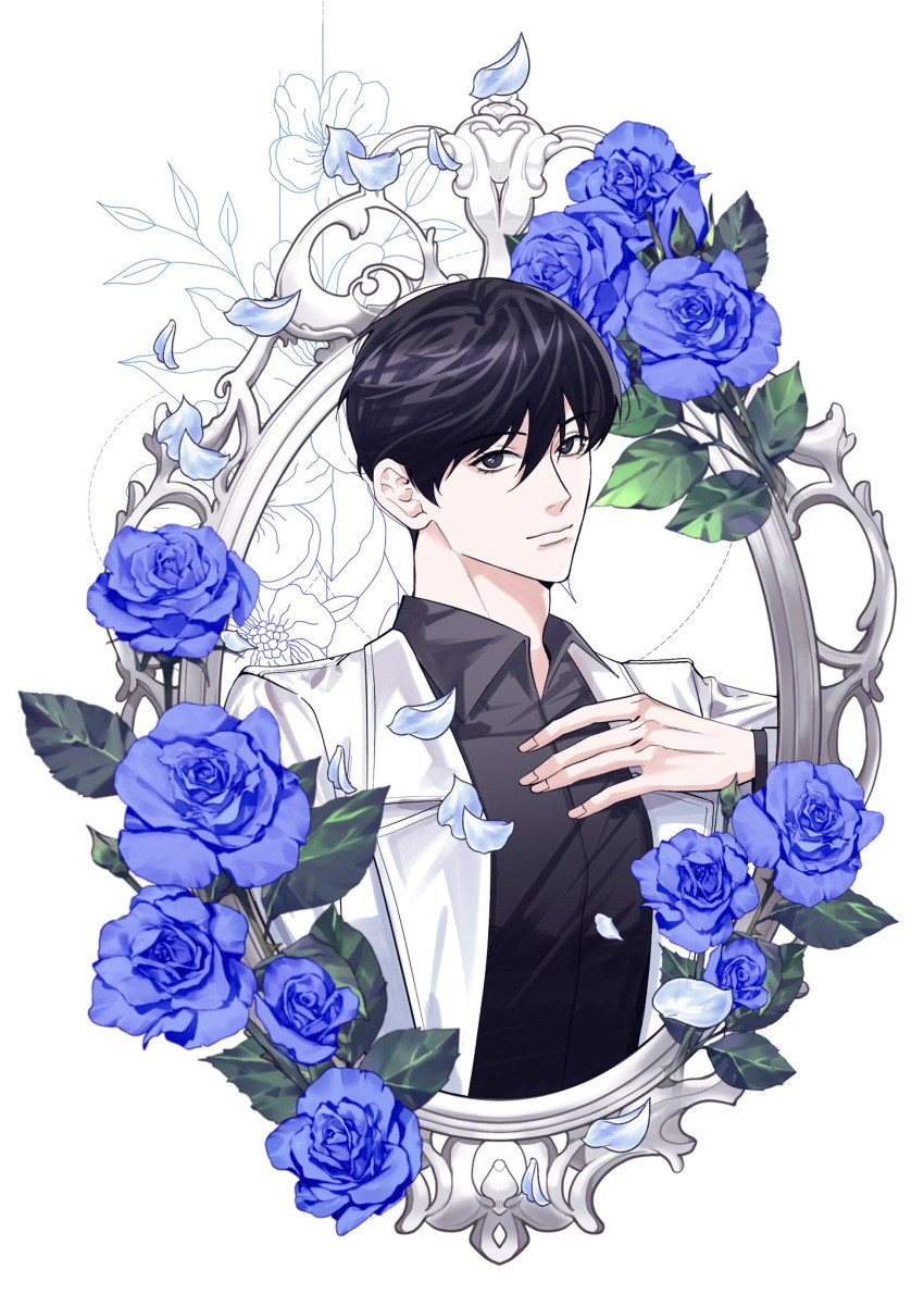 1boy, black_hair, black_shirt, blue_flower, blue_rose, border, coat, collared_shirt