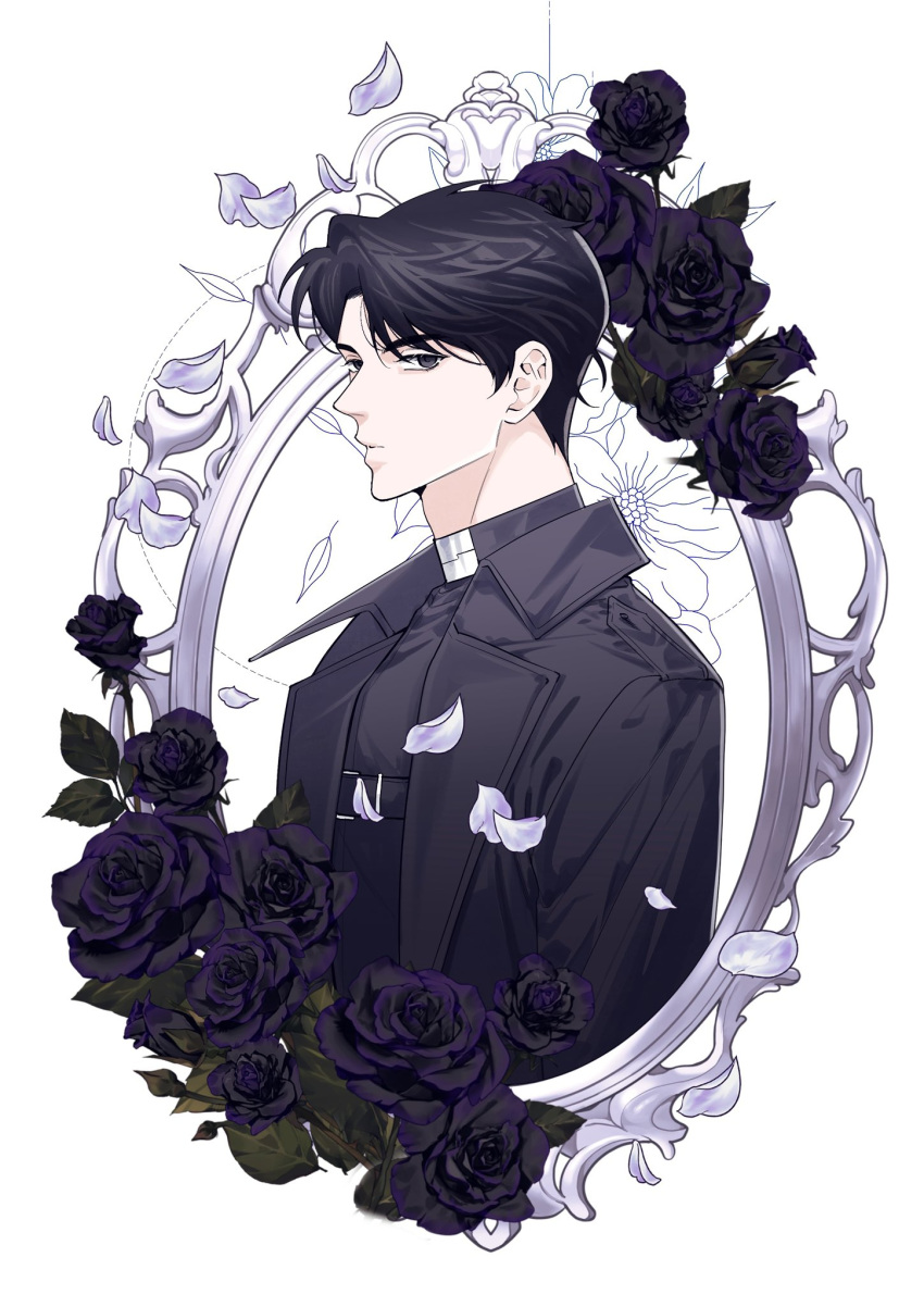 1boy, black_coat, black_eyes, black_flower, black_hair, black_rose, black_shirt, border