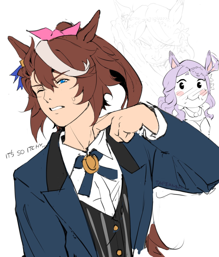 2girls, :i, animal_ears, black_vest, blue_jacket, blush, bow, brown_hair