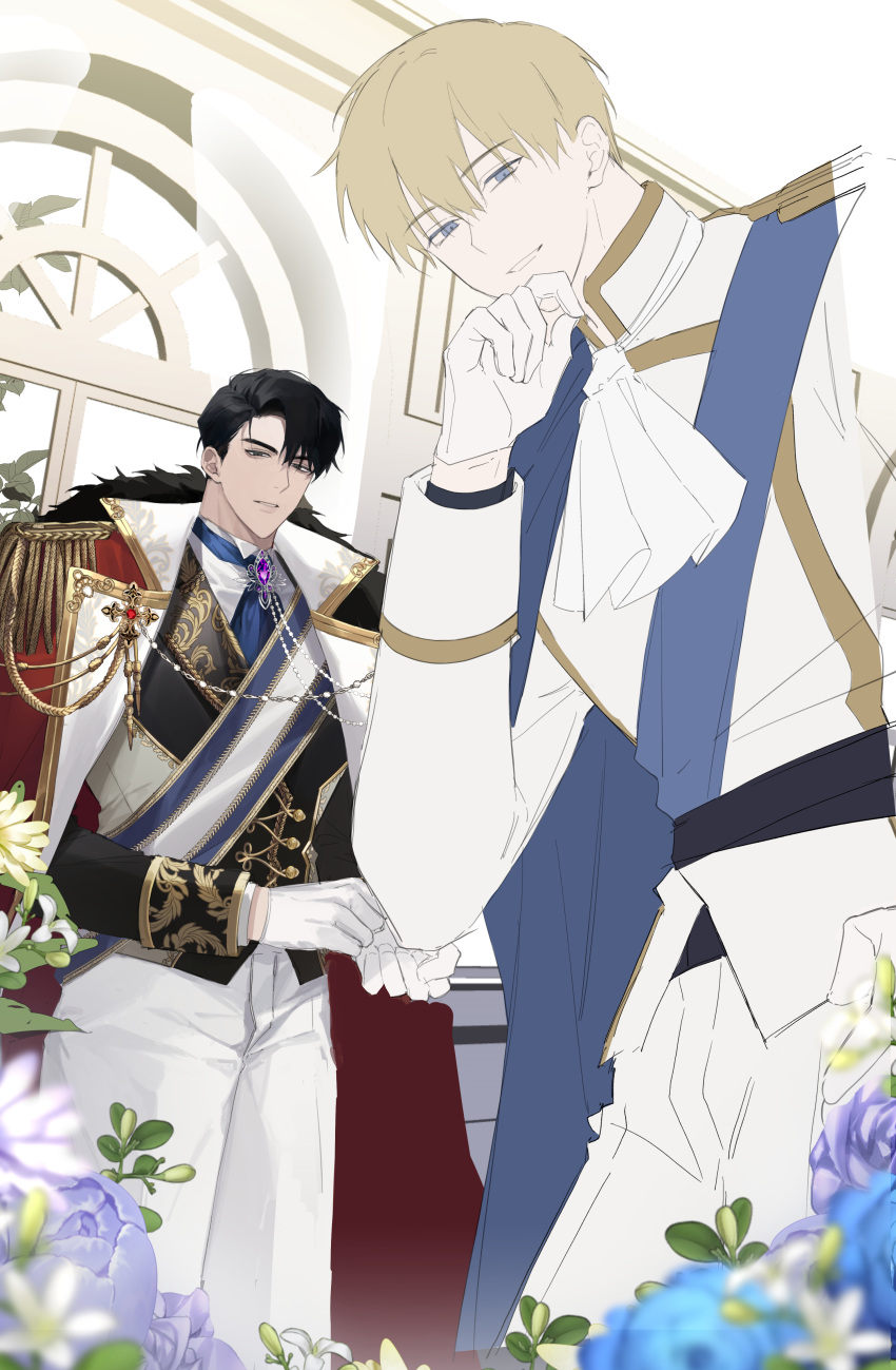 2boys, :d, absurdres, black_hair, black_vest, blonde_hair, blue_eyes, blue_sash