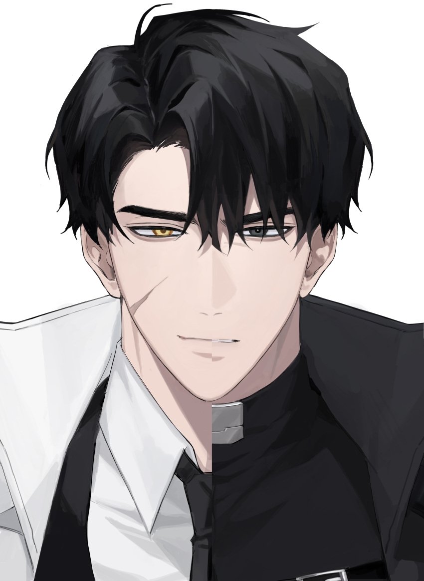 1boy, absurdres, black_coat, black_eyes, black_hair, black_necktie, black_shirt, black_vest, coat, collared_shirt, curtained_hair, dual_persona, hair_between_eyes, heterochromia, highres, looking_at_viewer, multicolored_coat, narrowed_eyes, necktie, omniscient_reader's_viewpoint, popped_collar, scar, scar_on_face, secretive_plotter, shirt, short_hair, split_screen, straight-on, tanppopo9, two-tone_coat, vest, white_coat, white_shirt, yellow_eyes, yoo_joonghyuk