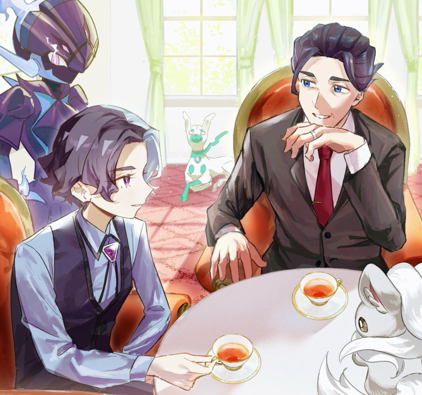 2boys, amethio_(pokemon), black_hair, blue_eyes, ceruledge, cervantis_(pokemon), chair, cinccino