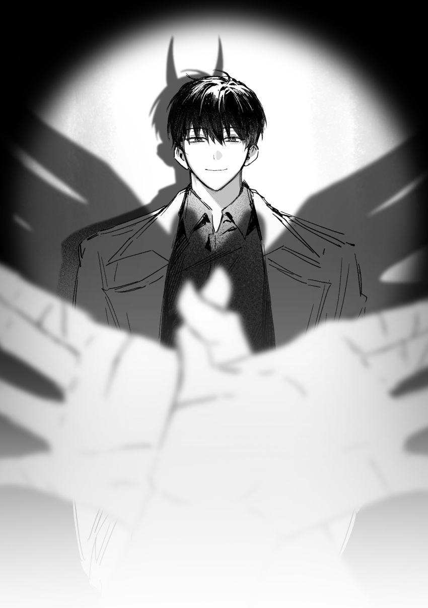1boy, 1other, absurdres, black_hair, black_shirt, coat, collared_shirt, demon_horns