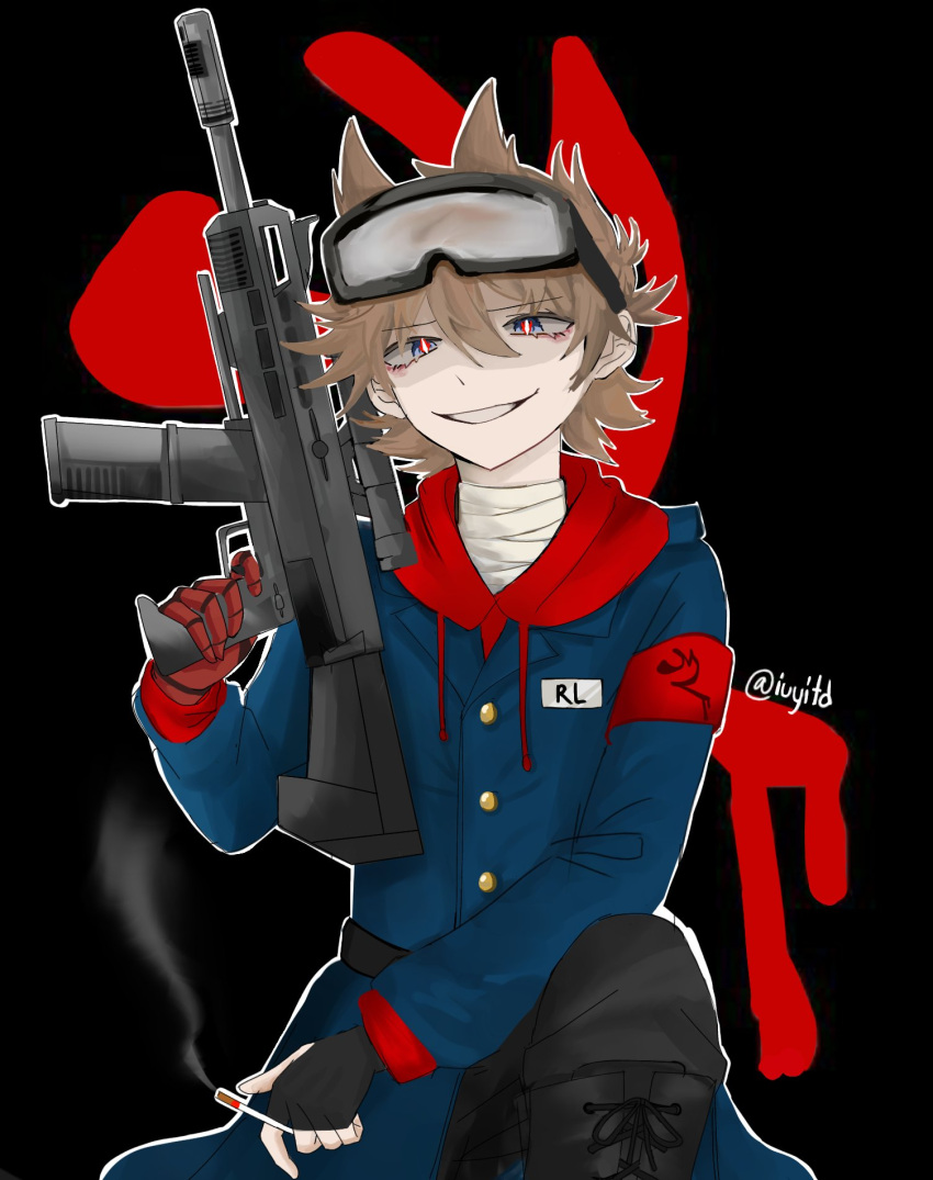 1boy, animification, armband, bandaged_neck, bandages, black_background, black_boots, black_gloves, black_pants, blue_coat, boots, brown_hair, cigarette, coat, commentary, drawstring, eddsworld, english_commentary, fingerless_gloves, future_tord_(eddsworld), gloves, glowing, glowing_eyes, goggles, goggles_on_head, grey_eyes, grin, gun, hair_ears, highres, holding, holding_cigarette, holding_gun, holding_weapon, hood, hood_down, hoodie, iuyitd, looking_at_viewer, male_focus, name_tag, pants, red_armband, red_hoodie, short_hair, signature, simple_background, sitting, smile, smoke, solo, symbol-only_commentary, tord_(eddsworld), variant_set, weapon