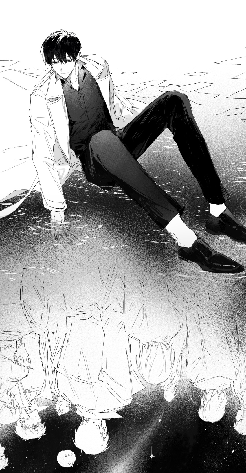 6+boys, absurdres, biyoo_(omniscient_reader's_viewpoint), coat, collared_shirt, different_reflection, falling_paper, full_body