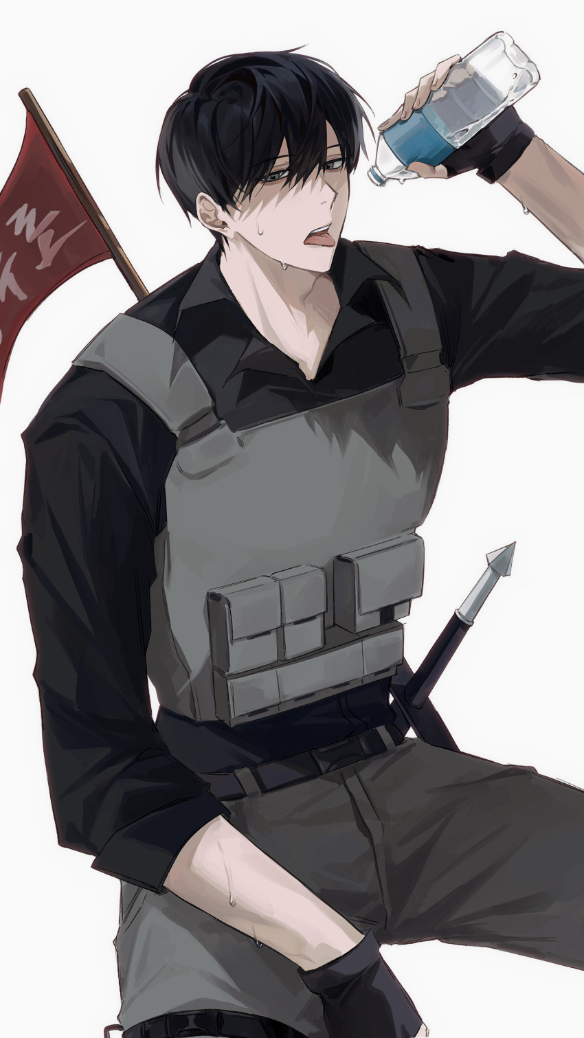1boy, absurdres, belt, black_gloves, black_hair, black_shirt, bottle, collared_shirt