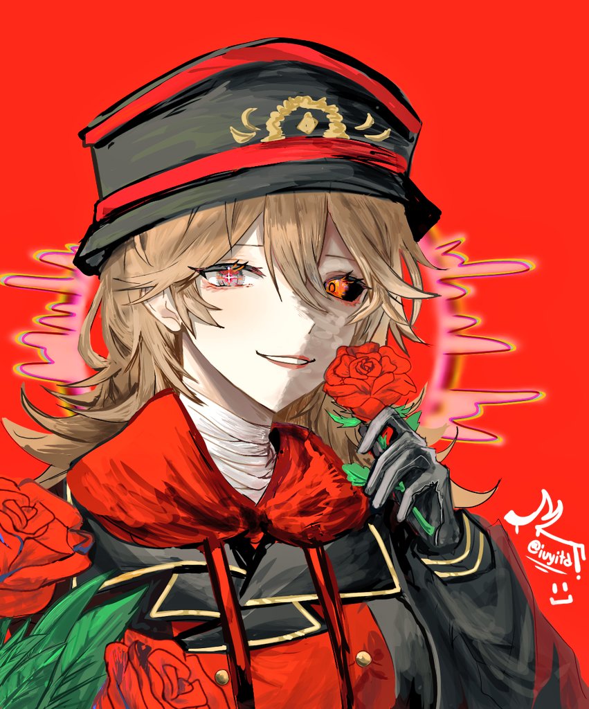 1girl, aegyo_sal, animification, bandaged_neck, bandages, black_coat, black_hat, black_sclera, brown_eyes, brown_hair, burn_scar, buttons, coat, colored_sclera, commentary, cosplay, eddsworld, flower, future_tord_(eddsworld), future_tord_(eddsworld)_(cosplay), genderswap, genderswap_(mtf), glowing, glowing_eyes, hair_between_eyes, hat, heterochromia, holding, holding_flower, hood, hood_down, hoodie, iuyitd, long_hair, looking_at_viewer, military_hat, military_uniform, mismatched_sclera, red_army_logo_(eddsworld), red_background, red_eyes, red_flower, red_hoodie, red_rose, ringed_eyes, rose, scar, self_cosplay, simple_background, smile, solo, symbol-only_commentary, the_beginning_and_the_friend, tord_(eddsworld), tori_(eddsworld)