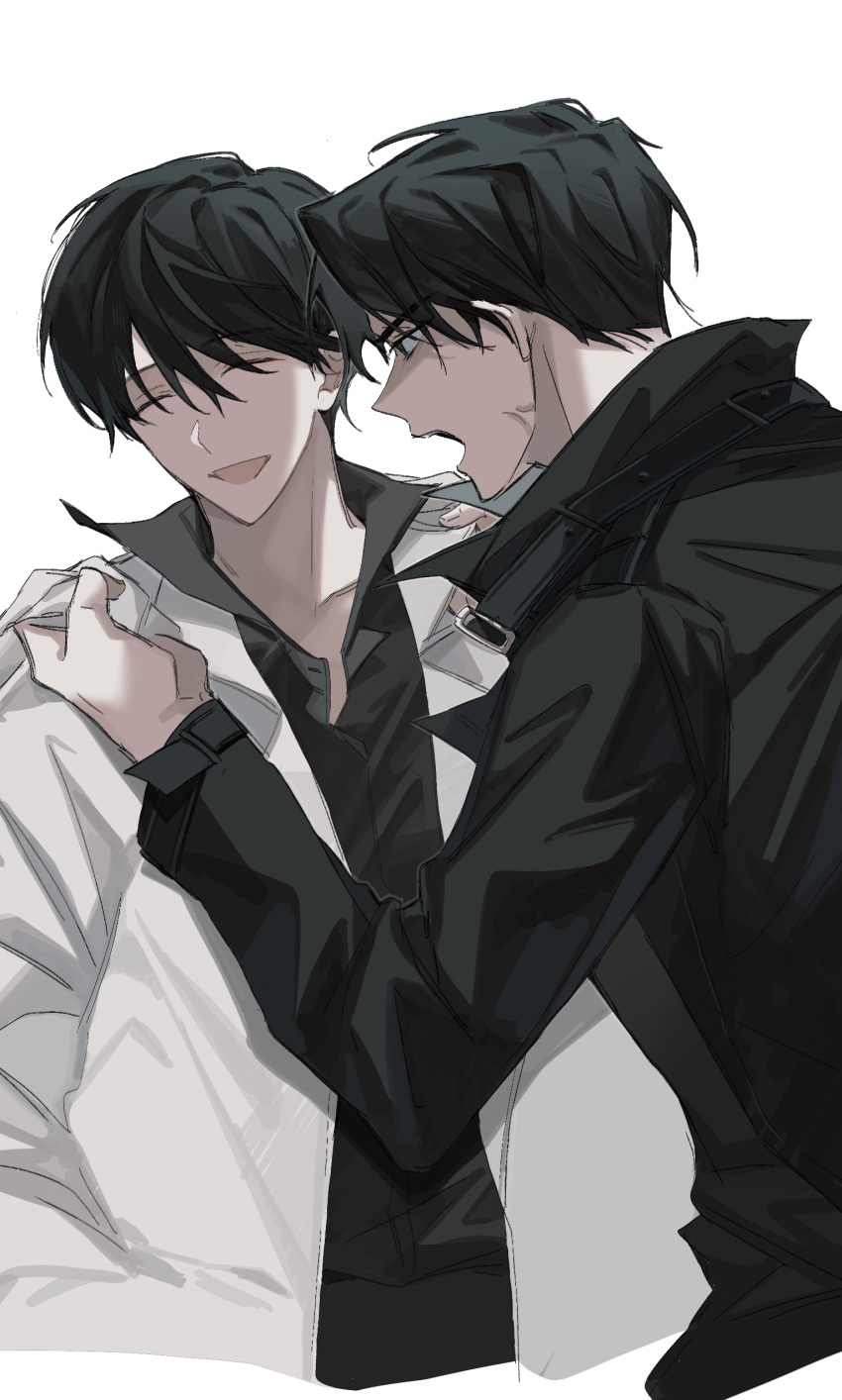 2boys, absurdres, black_coat, black_hair, black_shirt, clothes_grab, coat, collared_shirt