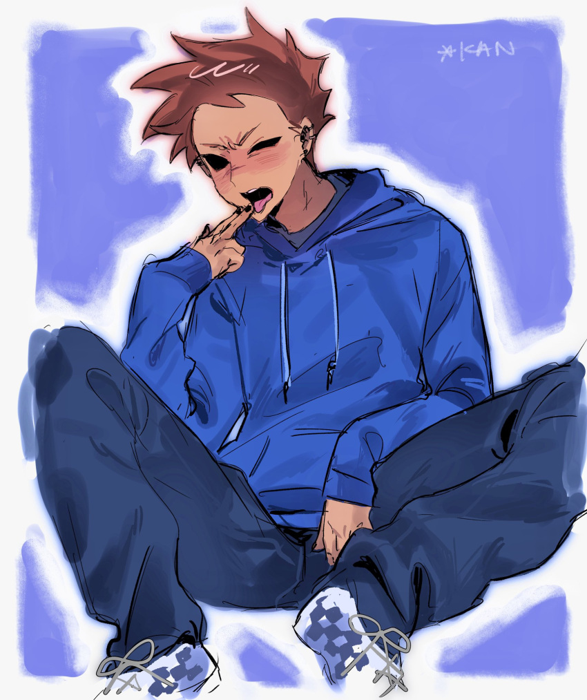 1boy, animification, blue_background, blue_hoodie, blue_pants, blue_theme, border, brown_hair