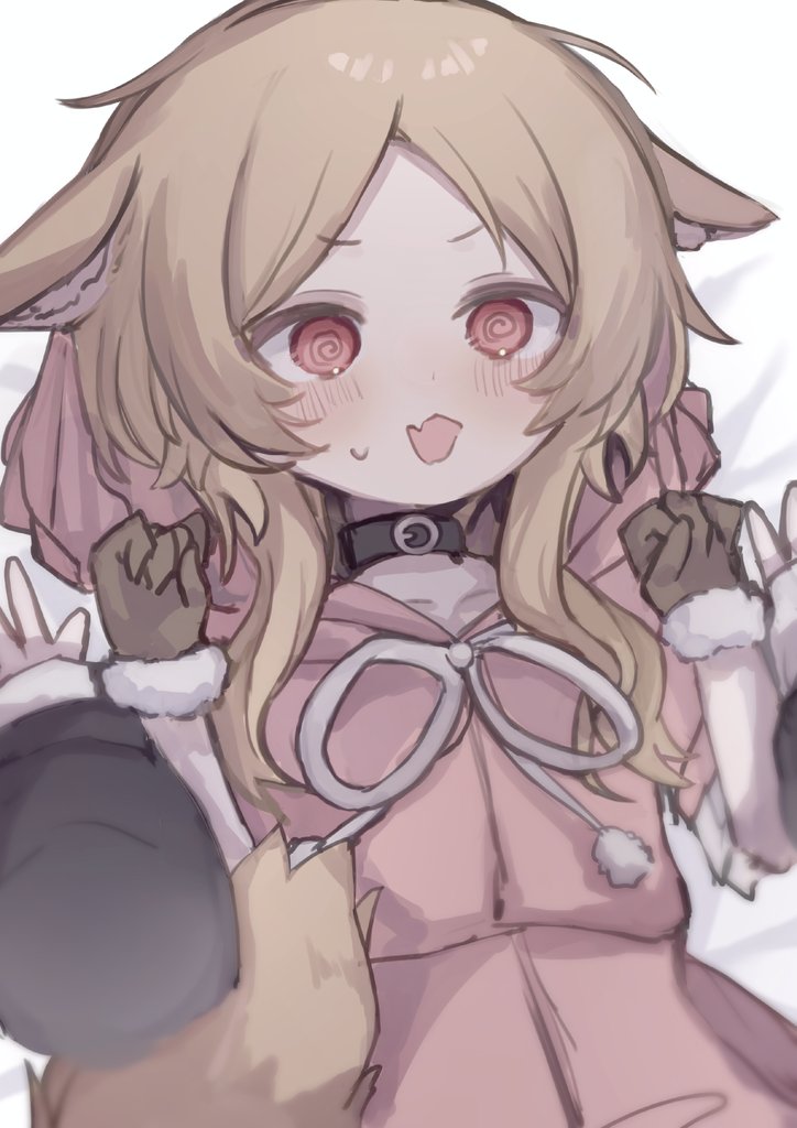 2girls, @_@, animal_ear_fluff, animal_ears, arazan_(ara_arazan24), bed_sheet, black_collar, blonde_hair