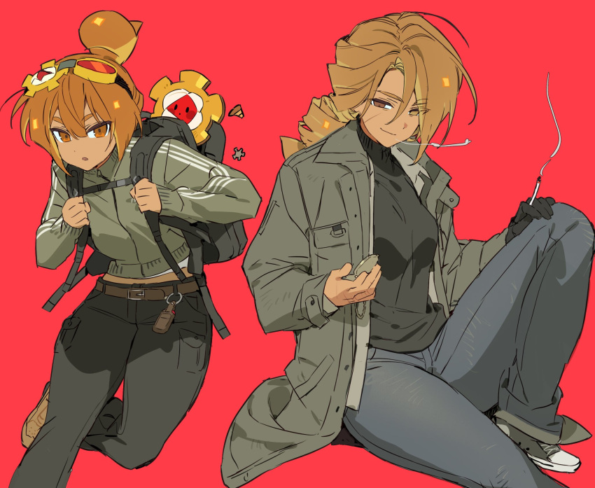 2girls, :o, alternate_costume, backpack, bag, belt, black_bag, black_gloves