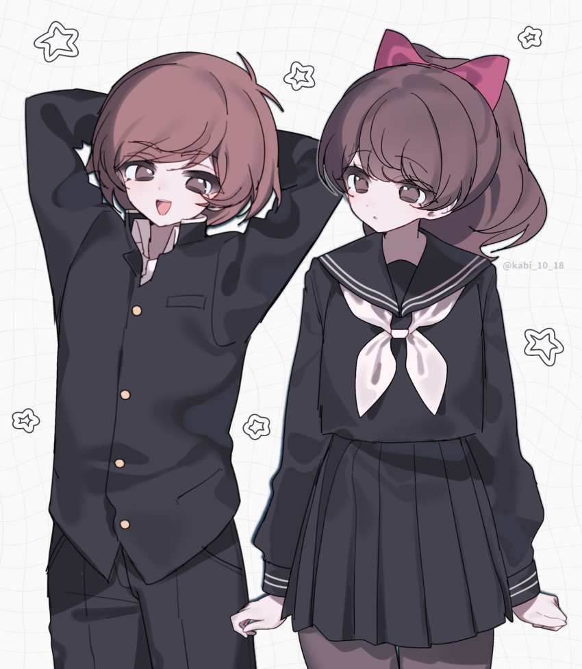 1boy, 1girl, alternate_costume, artist_name, black_jacket, black_pants, black_pantyhose, black_sailor_collar