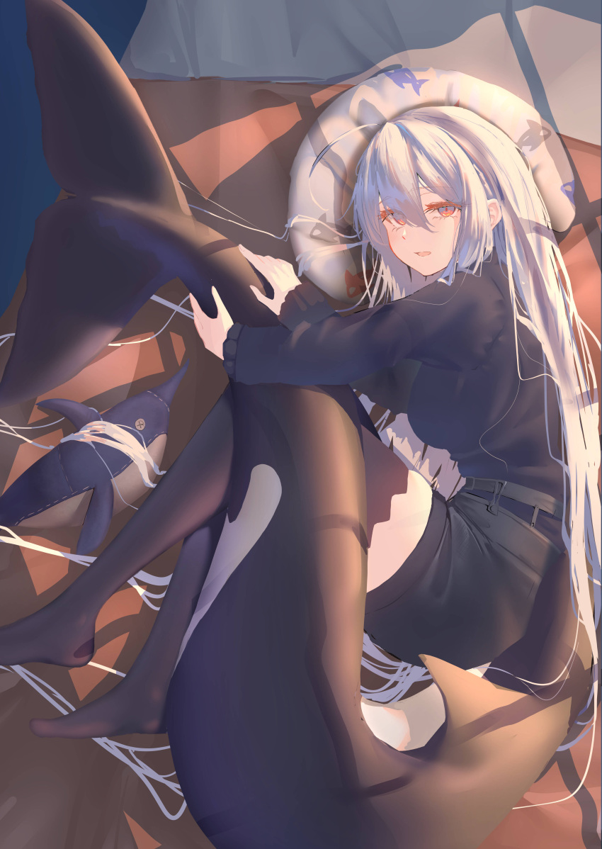 1girl, absurdres, adapted_costume, animal_print, arknights, bed, black_shirt, black_sweater