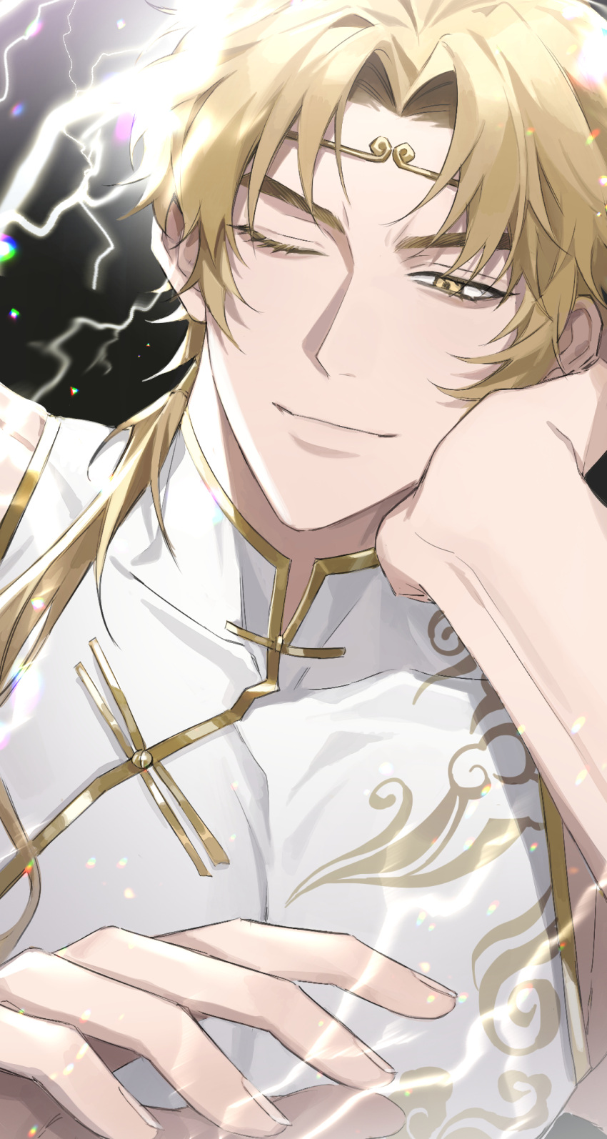 1boy, ;), aegyo_sal, blonde_hair, changpao, chinese_clothes, chromatic_aberration, curtained_hair, double-parted_bangs, gold_trim, hair_over_shoulder, hand_on_own_chest, hand_up, head_rest, headband, highres, kim_dokja, lens_flare, lightning, low_ponytail, male_focus, mandarin_collar, official_alternate_costume, omniscient_reader's_viewpoint, one_eye_closed, ponytail, smile, solo, sun_wukong_(omniscient_reader's_viewpoint), tanppopo9, upper_body, yellow_eyes
